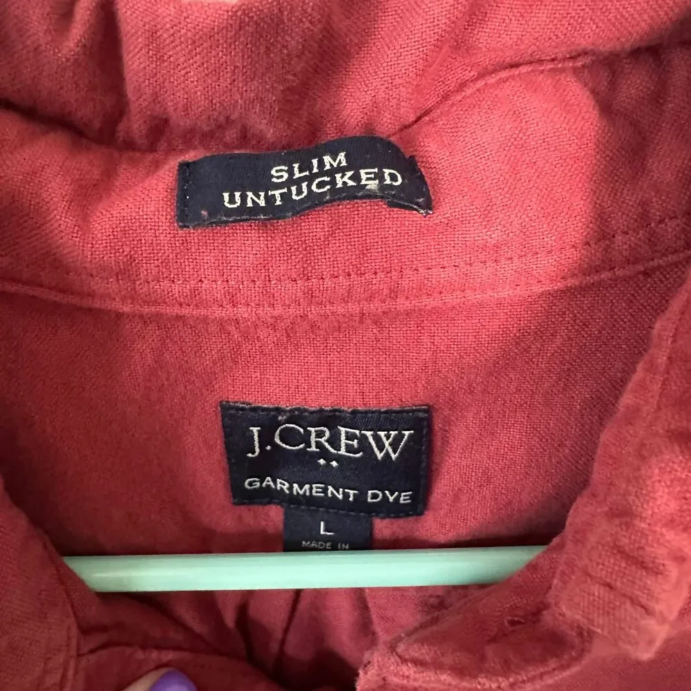 J.Crew Garment Dye Slim Untucked Oxford Shirt Large L Red Casual Casual Prep